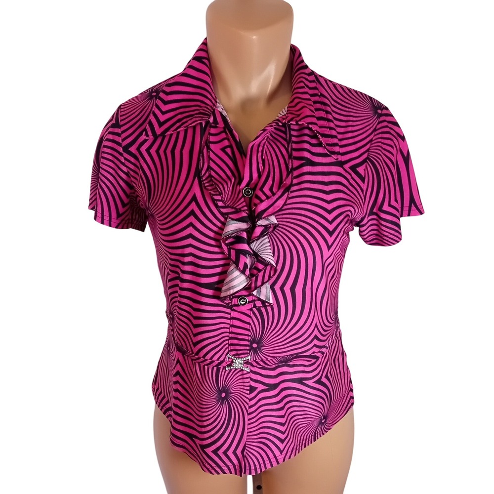 Vintage 70s Style Trippy Swirl Ruffle Button Down Rhinestone Top Cocktail Work S
